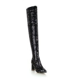 Spitz Overknees Glitzer Boots Moderne Schwarze Winter 8 cm High Heel Blockabsatz