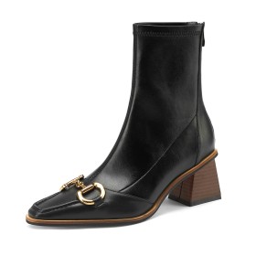 Élégantes Confortables Fermeture Éclair Bottines Femme Fourrées Talons Epais Talon Carré Boots Chaussette Cuir Hiver Stretch A Talon 5 cm Bijoux En Métal Vernis Femme