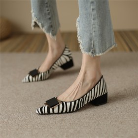 Met Lage Hakken Comfort Going Out Schoenen Dames Wit Zwart Blok Hak Zebra Leer Mode Loafers Pluizige Strik