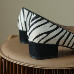 Fluffy Pointed Toe 4 cm Low Heel Black And White Striped Zebra Block Heels Suede Stylish Business Casual Loafers Comfortable Chunky Heel