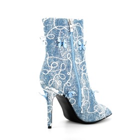 10 cm High Heel Pointed Toe Light Blue Booties For Women Stiletto Butterfly Denim