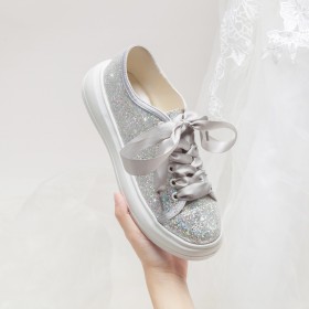 Silver Sneakers Bridals Wedding Shoes Sparkly Comfortable Evening Shoes Platform Flat Shoes