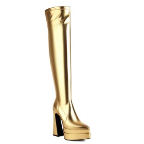 15 cm High Heel Going Out Footwear Over Knee Boots For Women Tall Boots Metallic Chunky Heel Patent Leather Closed Toe Platform Block Heels Sparkly