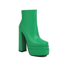 Classic Fur Lined Ankle Boots Business Casual Thick Heel Platform Green Patent Leather 6 inch High Heel Faux Leather Block Heels