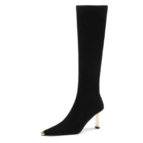 Stiletto Heels Suede Leather Knee High Boot Fashion Tall Boots 7 cm Mid Heels Pointed Toe Sock