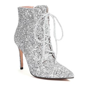 Lacets Bottine Femme Chaussure Argenté Chaussure De Soirée Talons Aiguilles Fermeture Éclair A Talon 10 cm Ceremonie Habillé Paillette Brillante