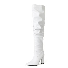 Overknee Witte Slouch Hoge Laarzen Met Blokhak 2025 Imitatieleer Hoge Hak