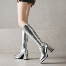 Habillé Talons Epais Bottes Haute Femme Talon Carré Couleurs Métalliques Bout Carré Paillette A Talon 9 cm Vernis Moderne Brillante