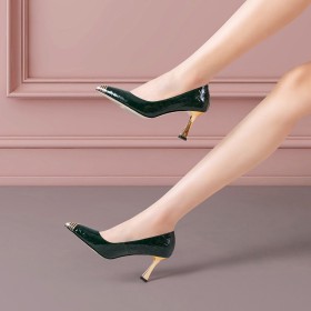 Pfennigabsatz Schuhe Damen Lack Abendschuhe Gesteppte Mit 8 cm High Heels Pumps Büroschuhe Dunkelgrün Elegante