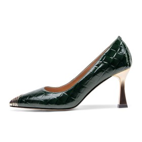 Pfennigabsatz Schuhe Damen Lack Abendschuhe Gesteppte Mit 8 cm High Heels Pumps Büroschuhe Dunkelgrün Elegante