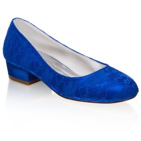Round Toe Low Heel Comfortable Beautiful Dress Shoes Royal Blue Chunky Lace