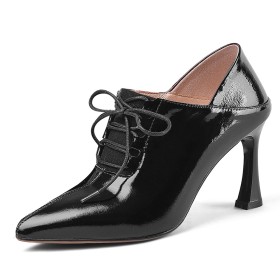 Leather Beautiful Patent Black Stiletto Heels Womens Shoes Lace Up Oxford Shoes Business Casual High Heel Shooties Formal Dress Shoes Pointed Toe