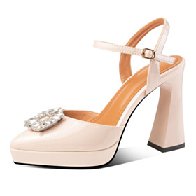 Leer Blokhakken Met Kristal Business Casual High Heel Lak Mode Sandaal