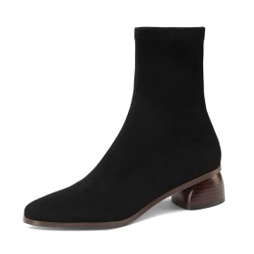 Suede Black Chunky Comfort Round Toe Business Casual Faux Leather Ankle Boots Low Heels Sock