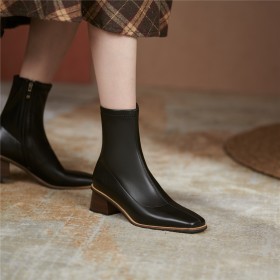 Classic Comfortable Wooden Heel Booties For Women Chunky Heel 5 cm Low Heel Business Casual Block Heel Square Toe Sock Full Grain Patent