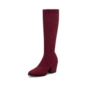 Knee High Boot For Women Tall Boots Fur Lined Thick Heel Suede Zipper 3 inch High Heeled Pointed Toe Block Heels