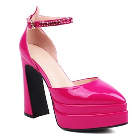 Classic Thick Heel Faux Leather Patent Leather Ankle Strap D orsay Fuchsia Elegant Block Heels Stylish High Heel Rhinestones Going Out Shoes