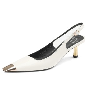 Elegant Womens Footwear 2 inch Low Heel Dressy Shoes Natural Leather Slingbacks Belt Buckle Stylish White 2023