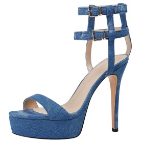 Habillé Talon 13 cm Plateforme Bleu Ciel Talons Aiguilles À Lanières Denim Peep Toes Bride Cheville Sandale Femme