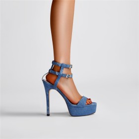 Peep Toe Denim Light Blue Sandals Stilettos Belt Buckle High Heel Platform