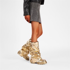 Dames Halfhoge Laarzen Blokhakken Sparkle Mode Metallic Imitatieleer Plateau Middelhoge Heels