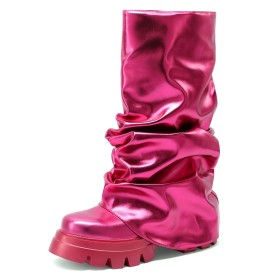 7 cm Mid Heel Slouch Formal Dress Shoes Chunky Heel Mid Calf Boots Metallic Going Out Shoes Platform Round Toe Block Heels Fuchsia