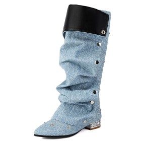 Bout Pointu Clouté Plates Bottes Hauteur Genoux Denim Bottes Haute Femme Femme Plissées Tombantes Confortables