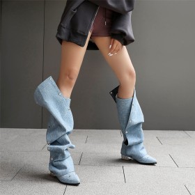 Bout Pointu Clouté Plates Bottes Hauteur Genoux Denim Bottes Haute Femme Femme Plissées Tombantes Confortables