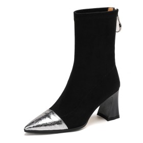 Elegante Stiefeletten Winter Sock Lack Mit 8 cm High Heel Gefütterte Schwarze Mit Blockabsatz