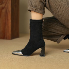 Elegante Stiefeletten Winter Sock Lack Mit 8 cm High Heel Gefütterte Schwarze Mit Blockabsatz