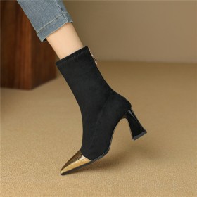 Chunky Heel Business Casual Shoes Sock Block Heels Black 8 cm High Heels Faux Leather Zipper Suede Fur Lined Elegant Ankle Boots For Women