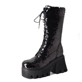 Highheel Sparkle Glitter Dames Halfhoge Laarzen Mode Met Blokhak Gradient Veterboots Going Out Plateau Paaldans
