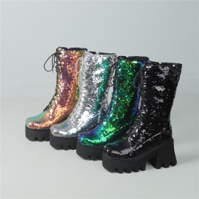 Highheel Sparkle Glitter Dames Halfhoge Laarzen Mode Met Blokhak Gradient Veterboots Going Out Plateau Paaldans