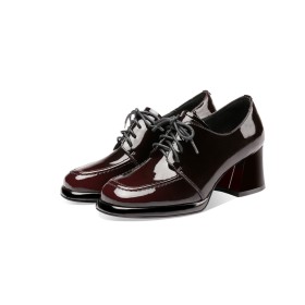 Gradient 2021 Burgundy Classic Mid High Heeled Natural Leather Oxford Shoes Dressy Shoes Chunky Hee Block Heels