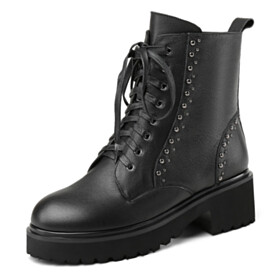 Platform Flats Vintage Ankle Boots Comfort Studded Black Lace Up Combat