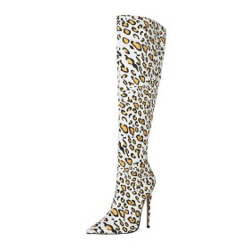 Sexy Fur Lined Velvet White Leopard Print 12 cm High Heels Stilettos Knee High Boot Closed Toe