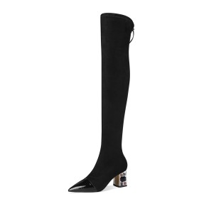 Stylish Block Heels Chunky Suede 6 cm Mid Heels Tall Boots Sock Boots Over The Knee Boots Crystal Natural Leather Black