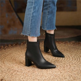 Booties Fur Lined Leather Block Heels Black Comfortable Low Heel Fall Pointed Toe Chunky Heel