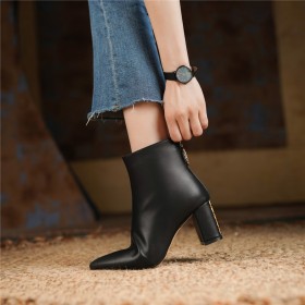 Booties Fur Lined Leather Block Heels Black Comfortable Low Heel Fall Pointed Toe Chunky Heel