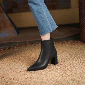 Booties Fur Lined Leather Block Heels Black Comfortable Low Heel Fall Pointed Toe Chunky Heel