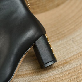 Booties Fur Lined Leather Block Heels Black Comfortable Low Heel Fall Pointed Toe Chunky Heel