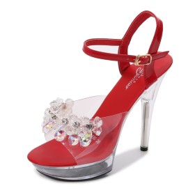 With Ankle Strap Sandals High Heels Sexy Clear Red Crystal Faux Leather Platform Strappy