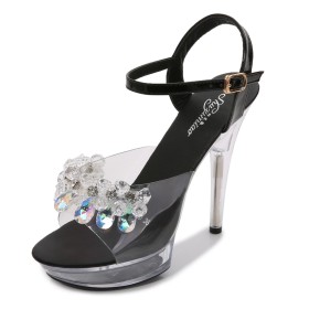 With Crystal Sexy With Ankle Strap 2022 Strappy High Heel Platform Transparent Peep Toe Black Sandals