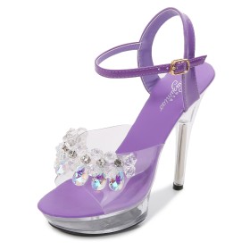 Purple Summer Strappy Peep Toe Stiletto With Ankle Strap Clear 5 inch High Heeled Pole Dance Shoes Womens Sandals