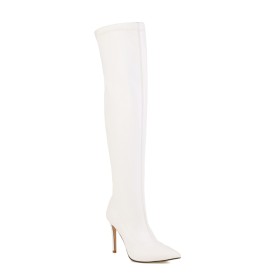 Stilettos Faux Leather Patent Pointed Toe White 4 inch High Heel Classic Thigh High Boot For Women