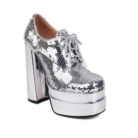 レースアップ 厚底 銀色 パーティー スパンコール ハイヒール キラキラ シューズ 3122290814F-Silver