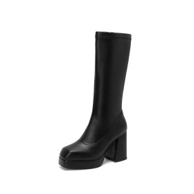 Chunky Heel Mid Calf Boot For Women Casual Platform Fur Lined High Heels Block Heel Faux Leather