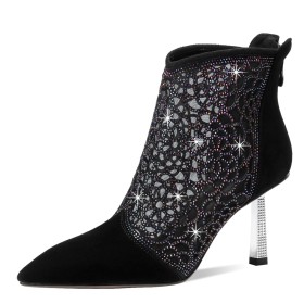 Fermeture Éclair Ceremonie Noir Avec Strass A Talon 7 cm Bottine Sandales Femmes Cuir Daim Chaussure De Soirée Talons Aiguilles Filet