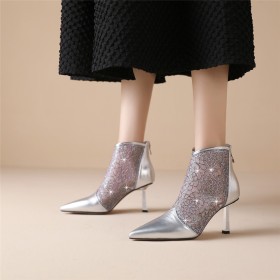 Silver Beautiful 7 cm Heel Evening Party Shoes Leather Stiletto Heels Patent Leather Booties Tulle Metallic With Rhinestones