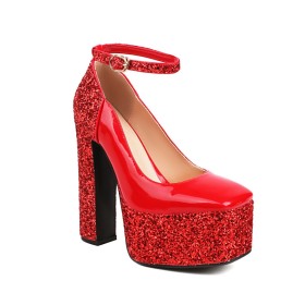 Glitter Block Heel Square Toe Platform High Heels With Ankle Strap Belt Buckle Faux Leather Beautiful Sparkly Red Chunky Heel Sandals